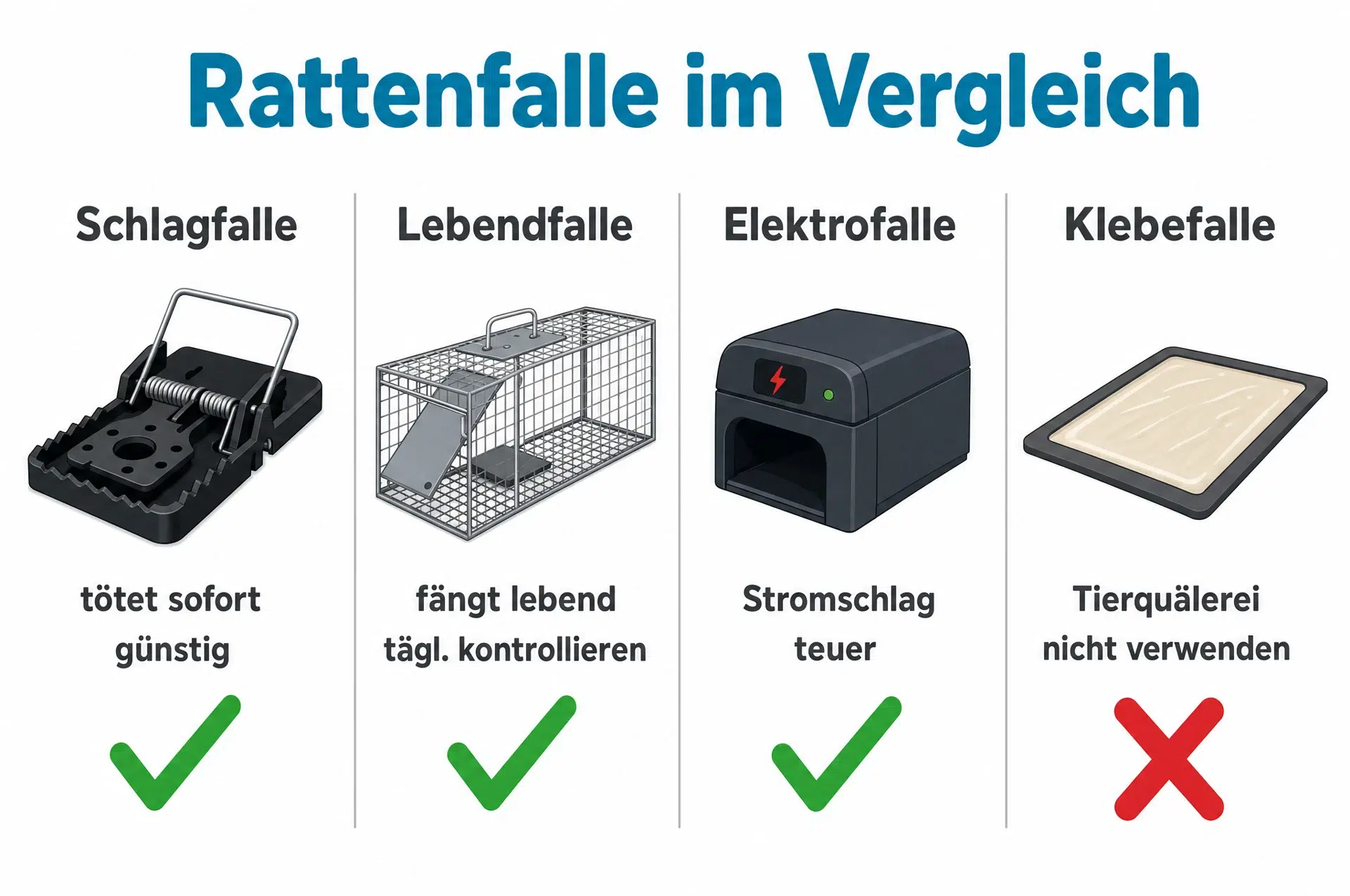 Rattenfalle im Vergleich – Infografik zu Schlagfalle, Lebendfalle, Elektrofalle und Klebefalle