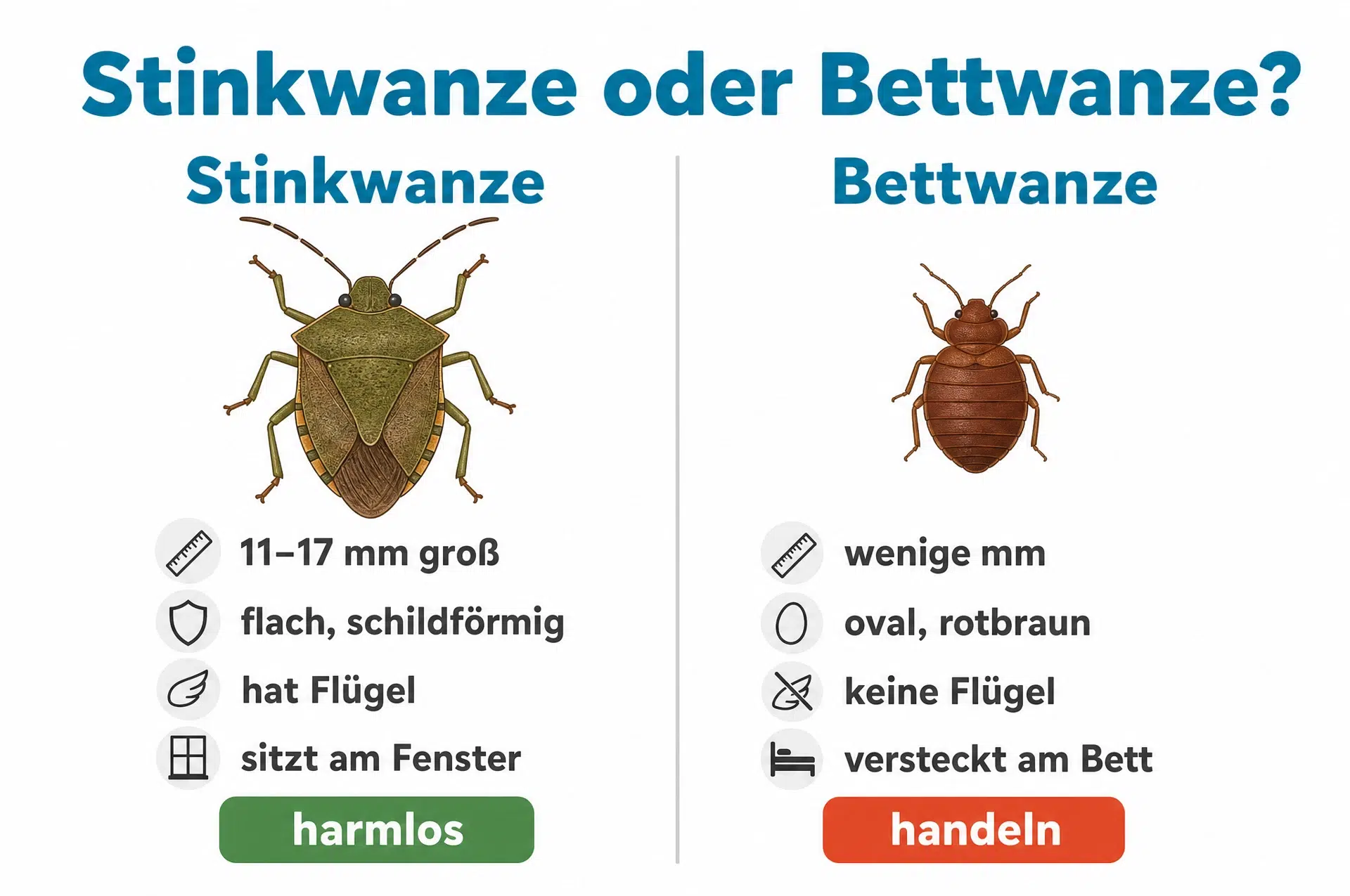 Stinkwanze oder Bettwanze – Infografik zu Größe, Form, Flügeln und Fundort