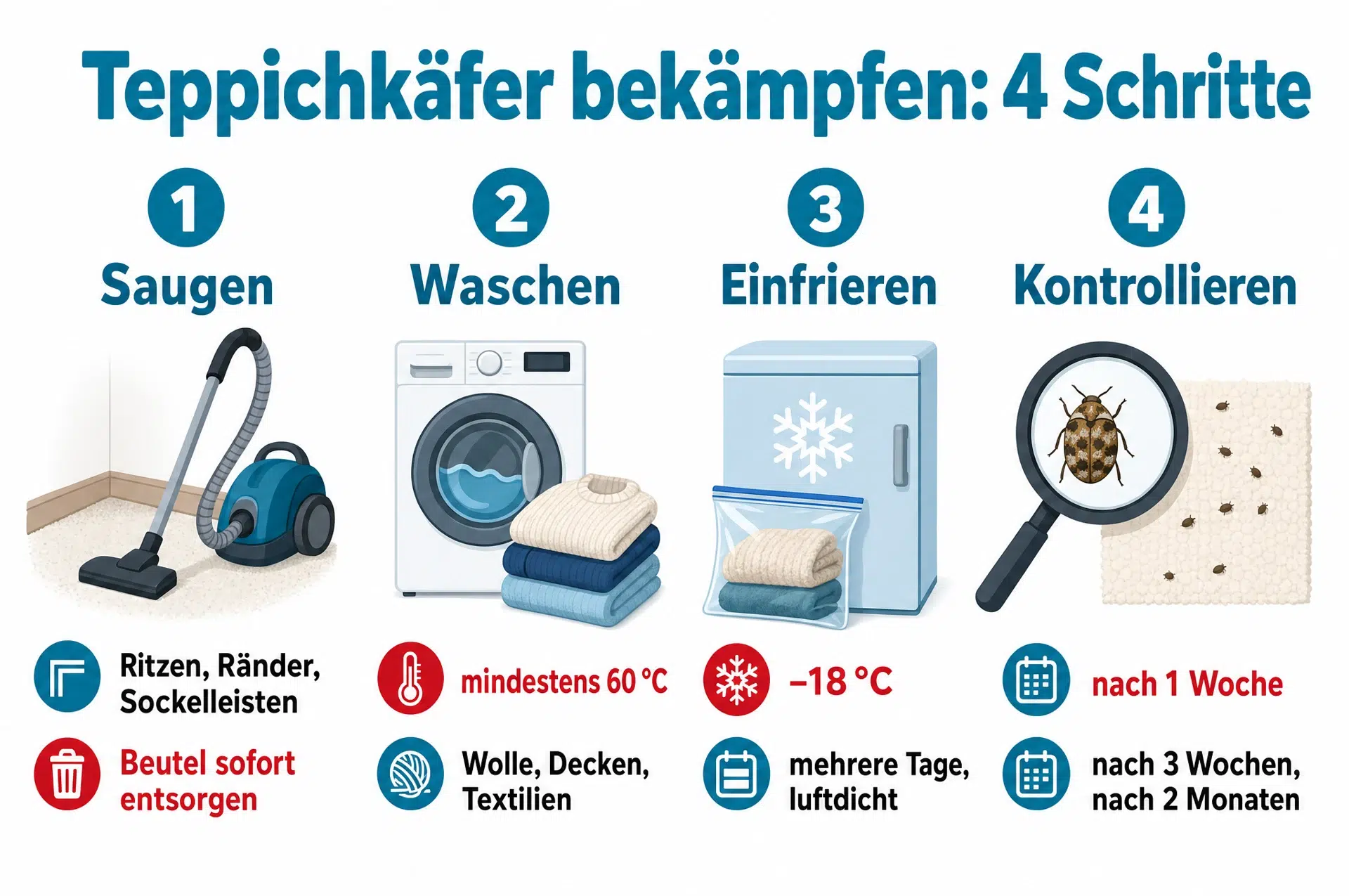 Teppichkäfer bekämpfen: Infografik mit 4 Schritten Saugen, Waschen, Einfrieren, Kontrollieren