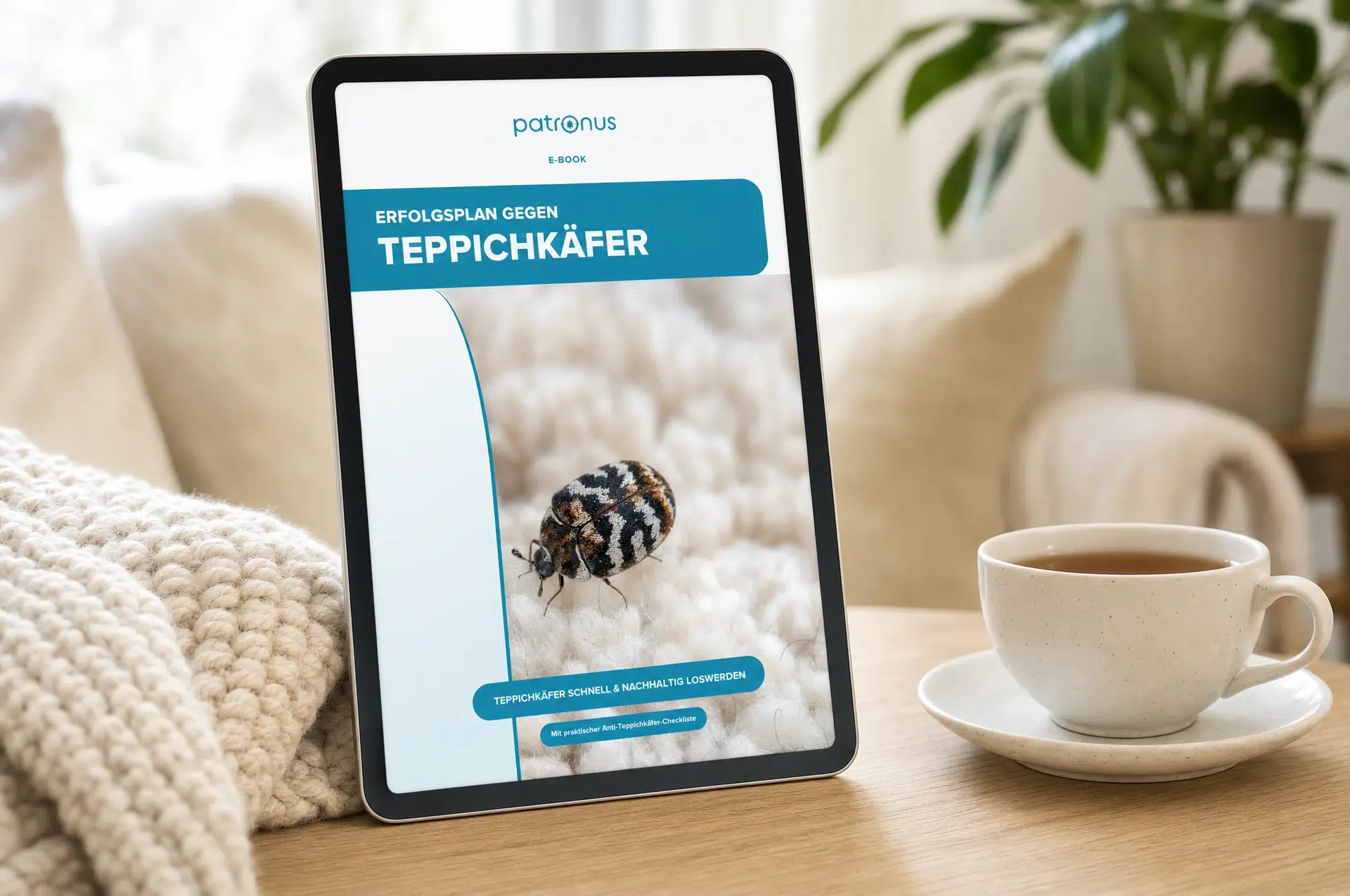 E-Book Erfolgsplan gegen Teppichkäfer auf dem Tablet im Wohnzimmer