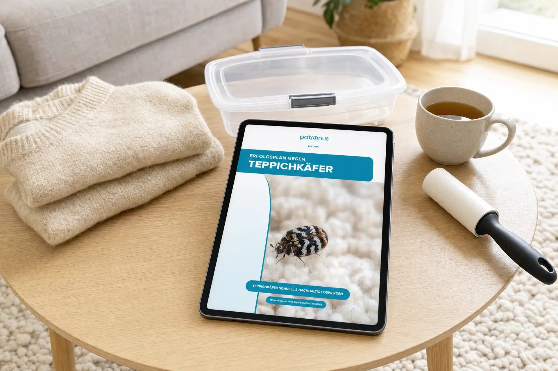 Pelzkäfer bekämpfen: Patronus E-Book auf dem Tablet neben einer Box für Wollsachen